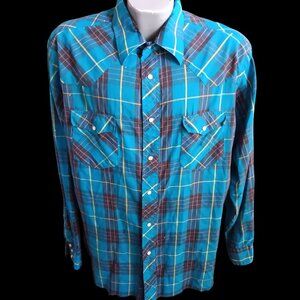Vintage Mens Western Shirt XL Trashed Wrangler Plaid Snap 17.5x36 Long Tail 90s